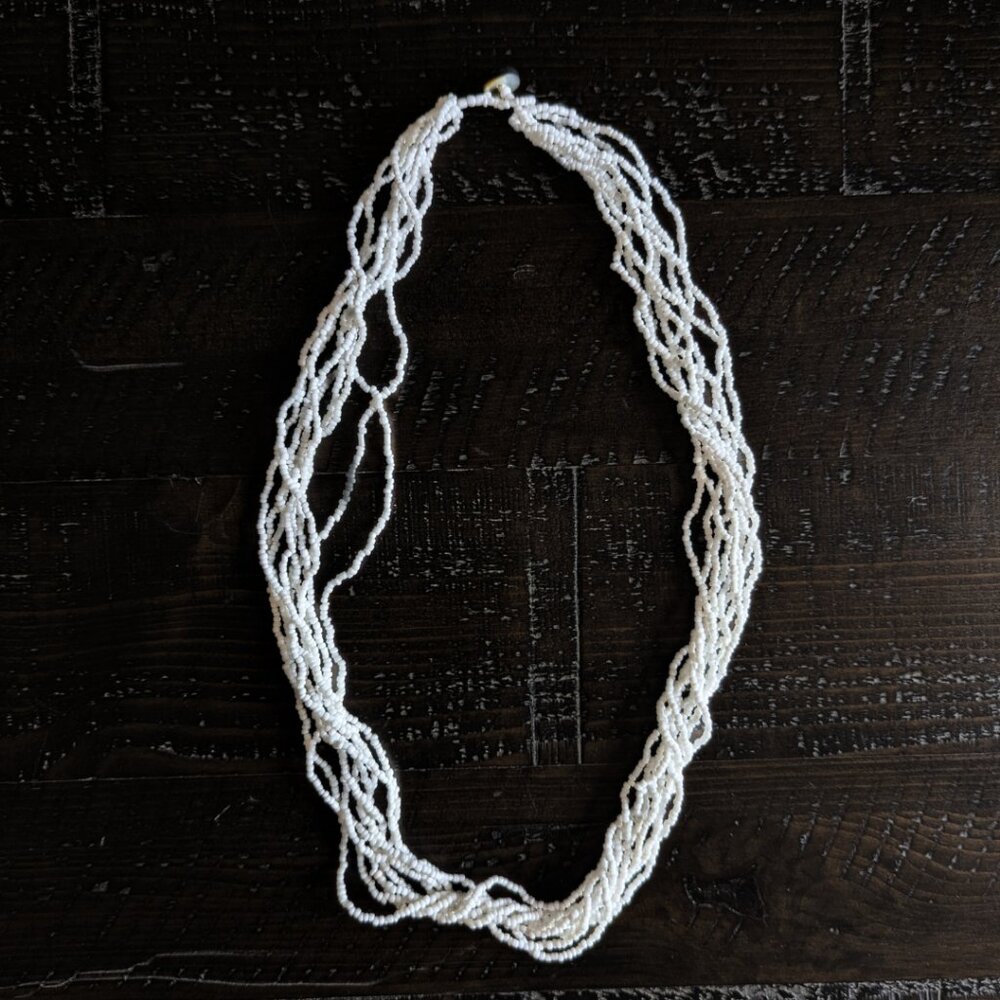 Vintage Boho Necklace White Layered Multistrand Beaded Beachy Retro Hippie